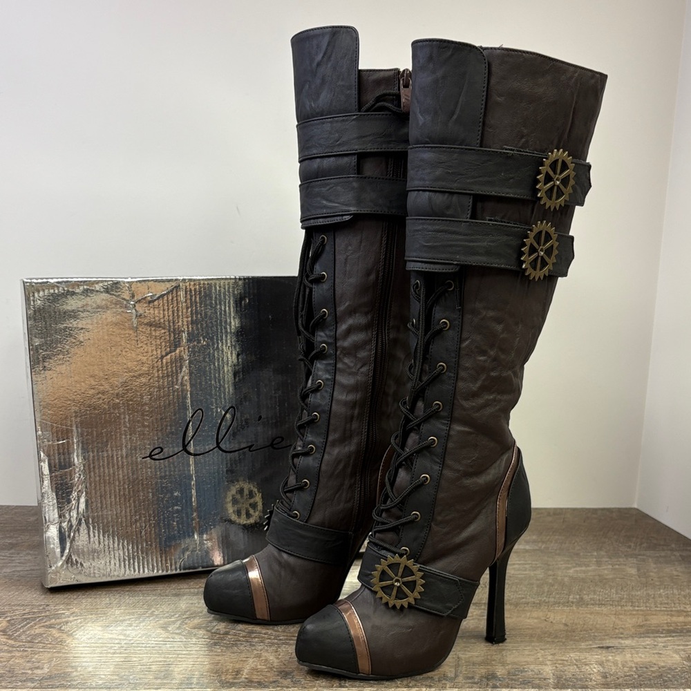 Ellie Shoes Quinley Steampunk Knee-High Boots – Brown (Size 6)